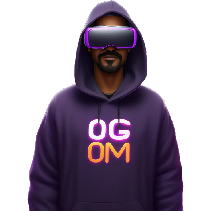 Big Lebowski wearing a black hoodie with "OMG" letters on it and VR headset oculus quest 2 in a cyberpunk VR environment with violet neon lighting. emoji