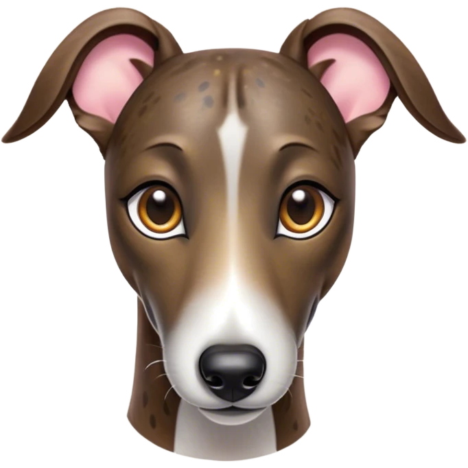Cinematic Cute Brindle Greyhound Portrait Emoji, Head tilted playfully and inquisitively, featuring a sleek brindle Fur with subtle variations and round, sparkling eyes filled with curiosity, Simplified yet irresistibly adorable features, highly detailed, glowing with a warm, friendly glow, high shine, affectionate and nimble, stylized with a touch of whimsy, bright and endearing, soft glowing outline, capturing the essence of a mischievous yet loving companion, so playful it feels like it could sprint out of the screen and into your arms! emoji