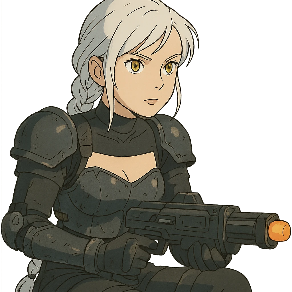  she iswearing armor, doing live-fire exercises at a safe and sanctioned training firing range with a maximum power blaster, a closeup portrait of young woman with gold yellow eyes, white hair, long braid, black off-shoulder top d-cup, punk gothic style, futuristic cyberwave cyberpunk, sitting position
 emoji