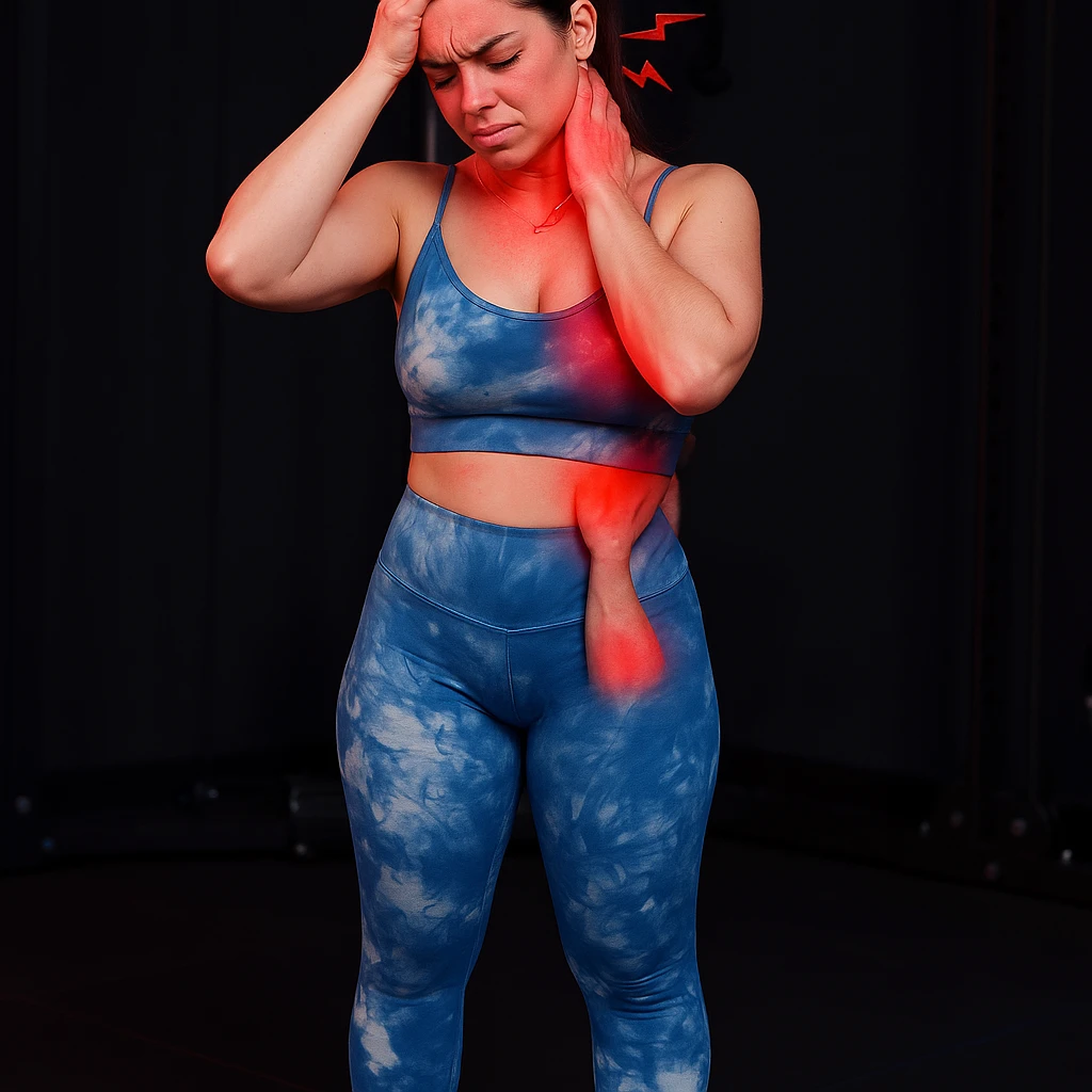 Realistic style edit of the same girl identical to the photo with one hand on the head and one on the neck, expression of strong headache and cervical pain. Pain symbols like redness, lines, lightning on neck and head. emoji