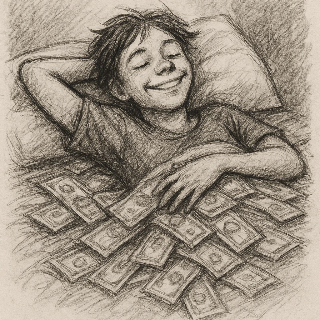 happy person napping on mattress of money emoji
