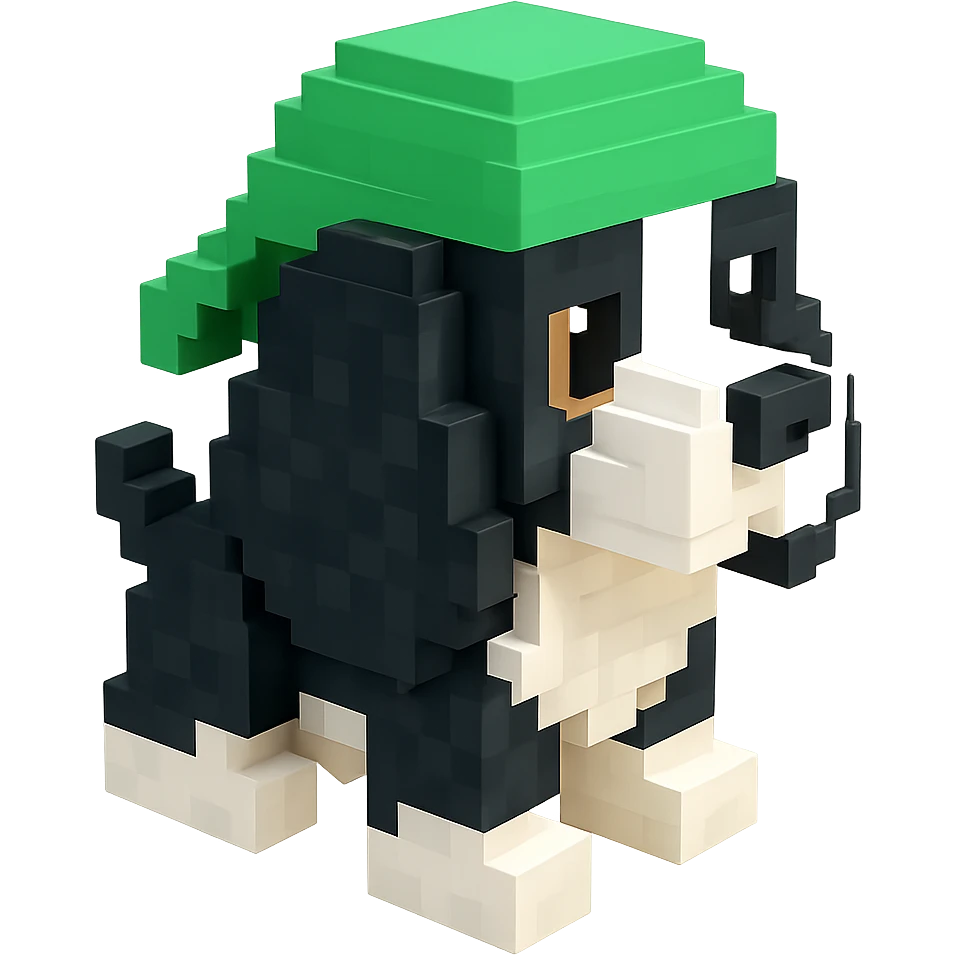 A black and white Russian Cocker Spaniel puppy wearing a green durag, facing right emoji