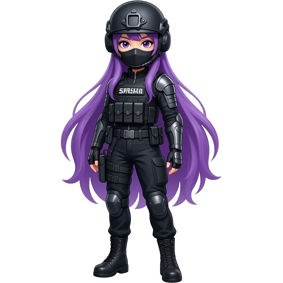 sexy girl with long purple hair wears a SPECIAL TACTICS FORCE OUTFIT BLACK FATIGUE AND COMBAT BOOTS PLATE with a helmet and a mask emoji