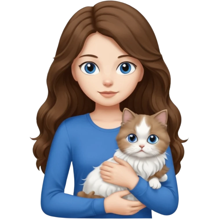 a girl with long wavy ish brown hair with a blue top and black pants holding a white persian cat  emoji