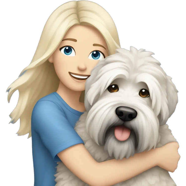 pretty woman blonde hair blue eyes hugging a white and gray soft coated wheaten terrier dog emoji