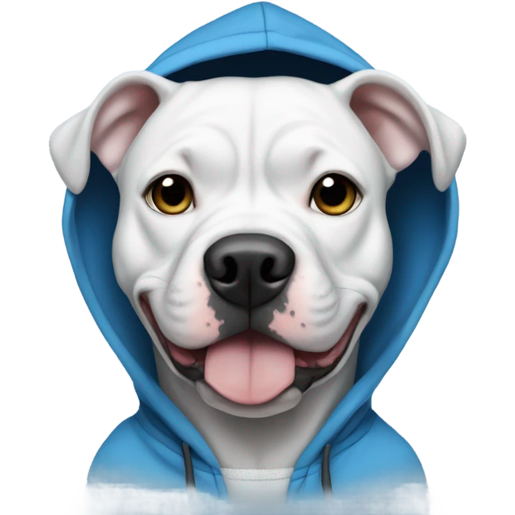 White pitbull with black ears, wearing a blue hoodie ￼ emoji