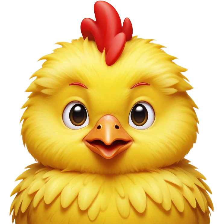 Cinematic Comical Yellow Baby Chicken Portrait Emoji, Head tilted dramatically with an exaggeratedly amused expression, featuring a striking, fluffy yellow downy coat with a tiny quirky red comb, wide, expressive beady eyes filled with playful disbelief, Simplified yet hilariously expressive features, highly detailed, glowing with a slightly sassy glow, high shine, dramatic yet playful, stylized with an air of cheeky mischief, bright and endearing, soft glowing outline, capturing the essence of a spirited and over-the-top chick, so meme-worthy it feels like it could peep its way into internet fame instantly! emoji