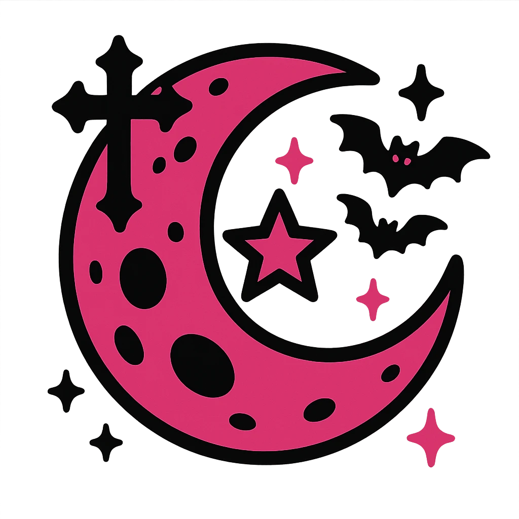 gothic moon, black and pink colors, vibrant toon style emoji