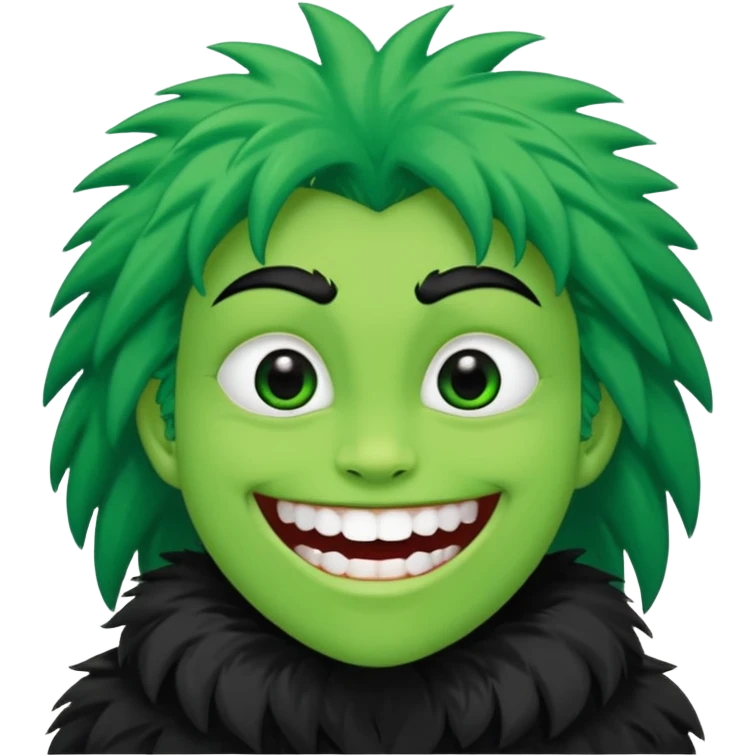 A bald person with bright white skin with a green sclera and green teeth, grinning widely. Has fluffy black neck fur, with a fluffy black body emoji