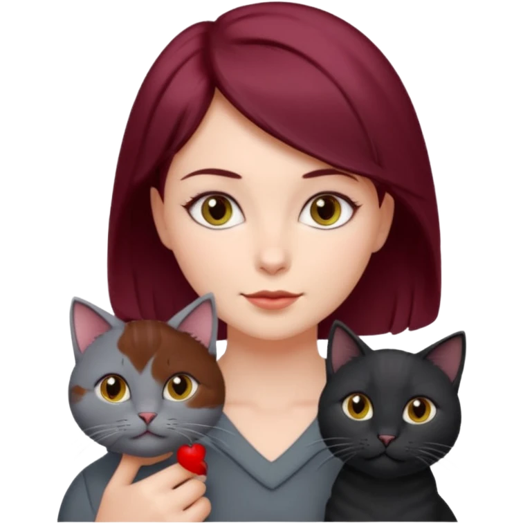 femme au cheveux court bordeau, yeux gris,  avec chat poils longs gris et chat poils ras noirs emoji