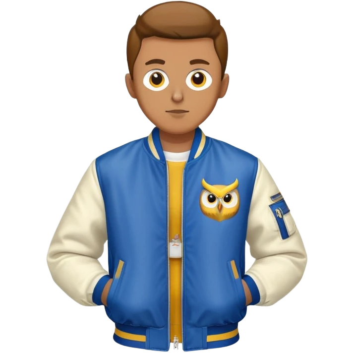 a guy in a blue bomber jacket with white sleeves with a yellow owl logo on the left side of the bomber jacket next to his chest emoji