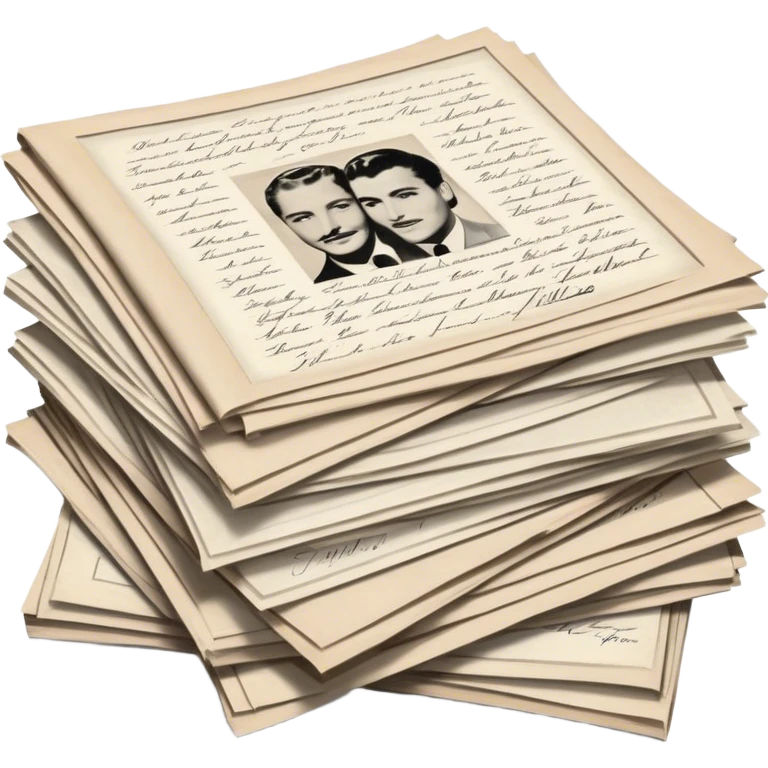 Icon for Autograph Collecting: several vintage framed with signatures of famous celebrities sheets stacked one on top of the other, each . The icon should evoke the charm and history of collecting autographs. Transparent background. emoji