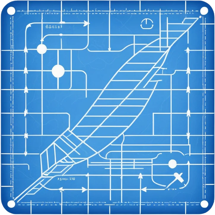 blue blueprint plan with white lines and a single dashed path from start to destination emoji