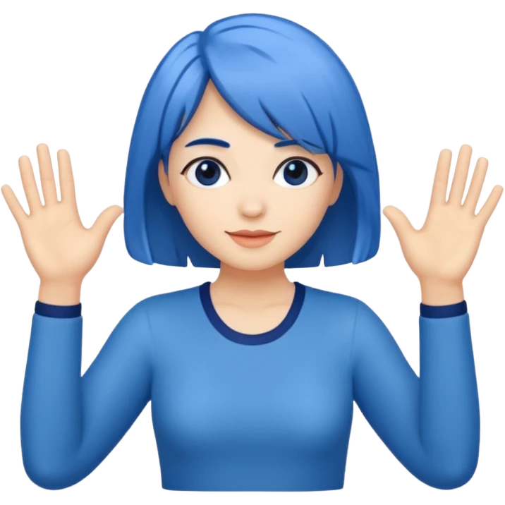 Woman with medium length blue hair doing jazz hands emoji