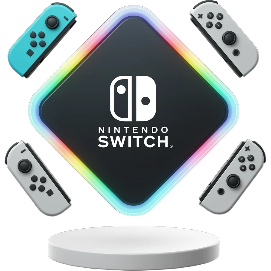 Square diamond tilted 45 degrees, dark surface, Nintendo Switch symbols centered, pastel rainbow glowing edges, floating joy-con controllers around, white dock stand below, black background, 3D render, 1:1 emoji