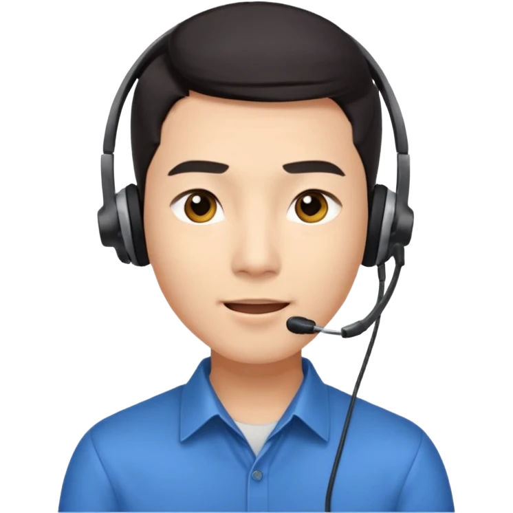 A young Asian man with smooth light skin, dark hair that swoops upward in the front, expressive eyes, a clean-shaven face, and a call-center style headset over one ear, flamboyent  emoji
