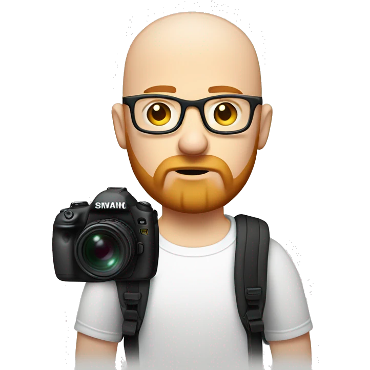bald man with ginger beard and black thin glasses, sad face, white t-shirt, backpack with camera on his shoulder emoji