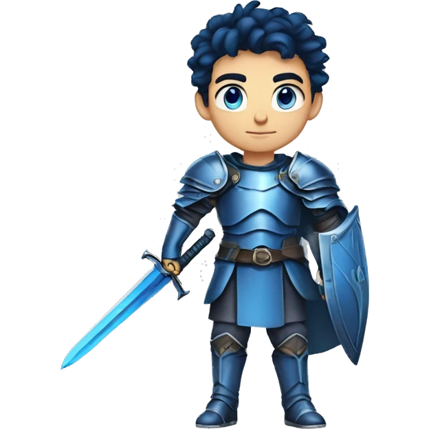 a 5'8" 13 years old lebanese, teenage boy with slightly dark blue hair. He wields a dark blue sword, and wears a blue armor. He has blue eyes. He is very serious  emoji