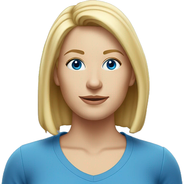 A head and shoulders shot of a 36 year old white woman, with straight blonde hair,   with blue eyes wearing a t-shirt. emoji