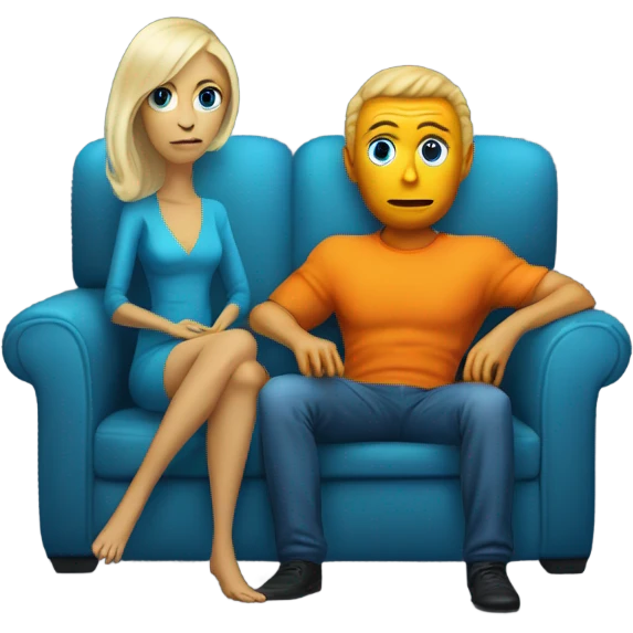 blonde alien reptilian woman in orange dress and humman man in blue, sitting on a couch  emoji