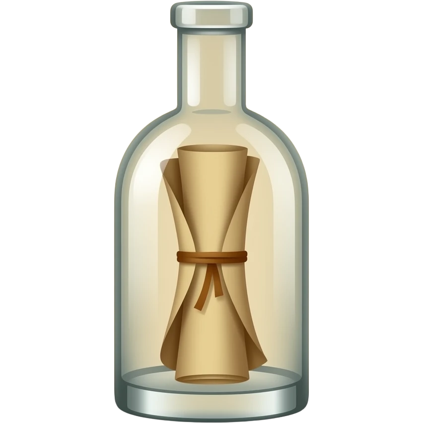 A tall, thin glass bottle containing a rolled-up message on an old piece of paper, positioned so that the message is located exactly in the center of the bottle. emoji