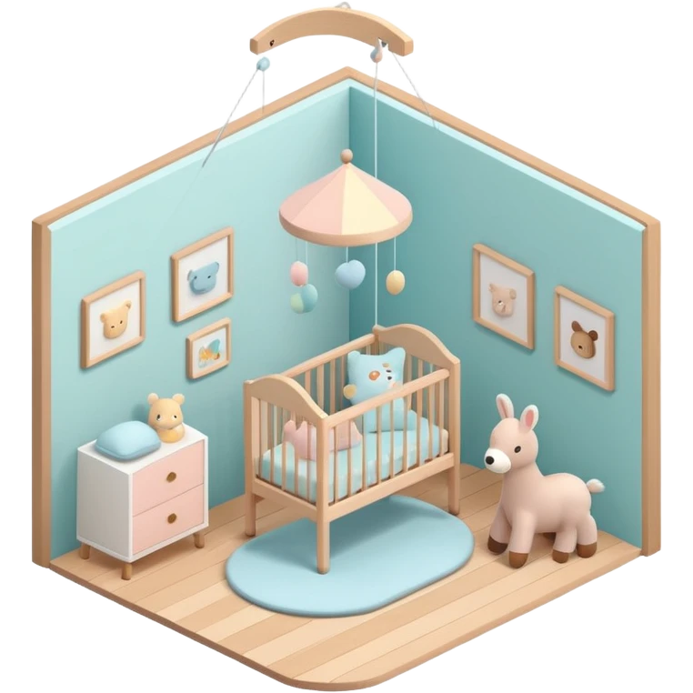 isometric baby room, Nursery with pastel walls and hanging mobile emoji