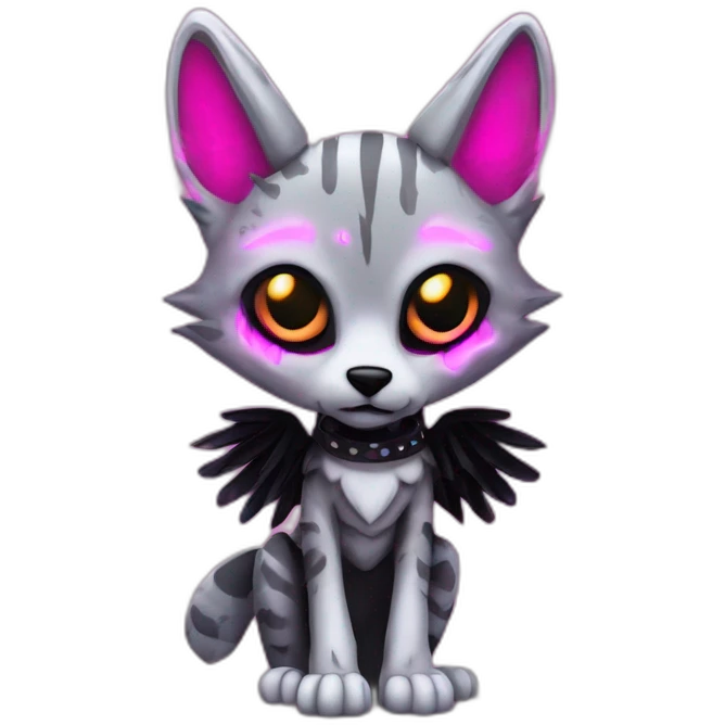 Coyote ocelot standing with grey and black fur and phoenix wings on back and pink ears half skeleton zombie, neon lights emoji