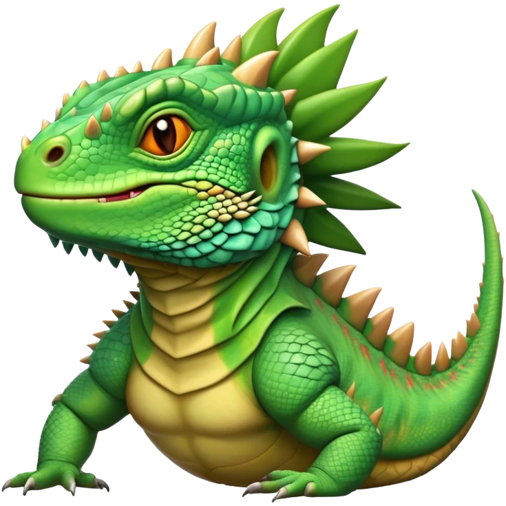 Cinematic Noble Iguana Portrait Emoji, Poised and majestic, with a robust, muscular build and a vibrant, scaly body accented by a prominent spiky crest and keen, observant eyes, Simplified yet sharp and sophisticated features, highly detailed, glowing with a soft, jungle radiance, high shine, intelligent and formidable, stylized with an air of ancient reptilian authority, focused and commanding, soft glowing outline, capturing the essence of a watchful guardian that appears ready to stride out of the screen with effortless might! emoji