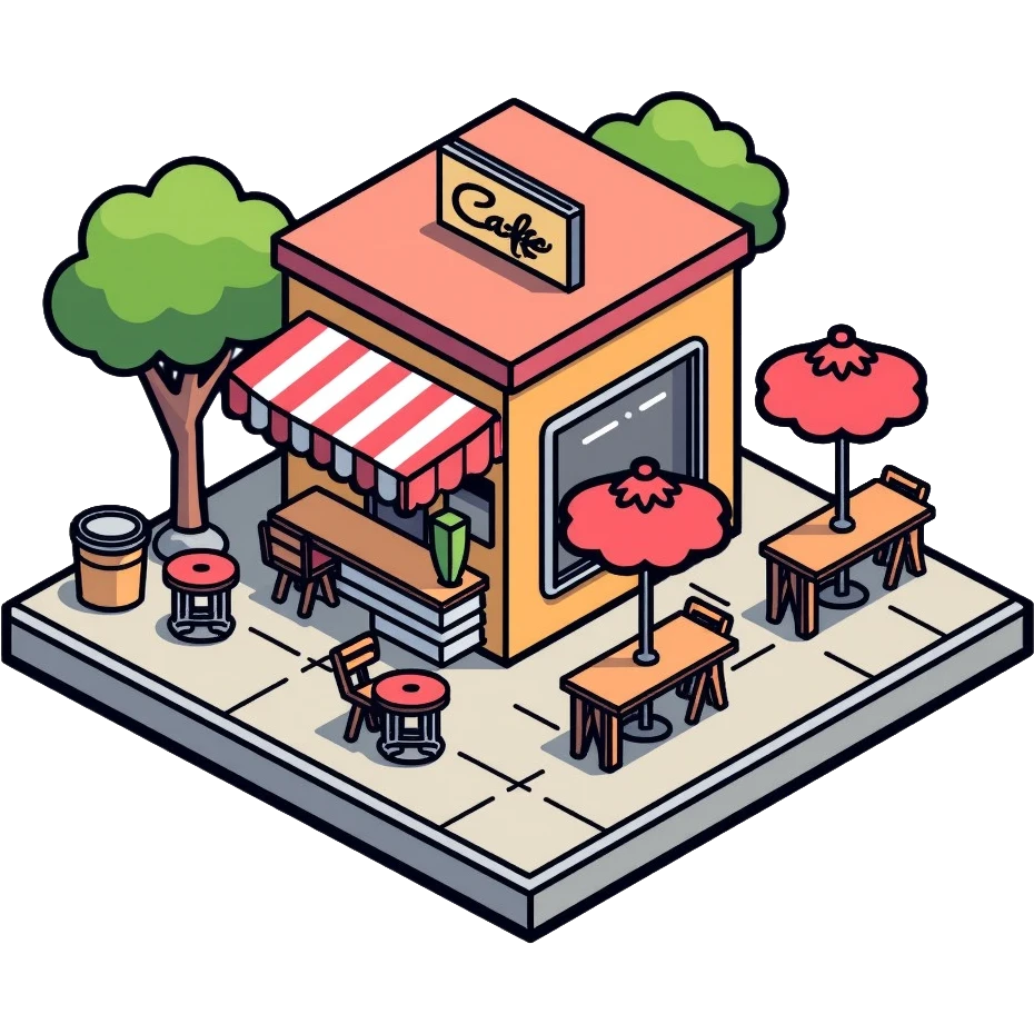 isometric corner cafe shop with outdoor seating and umbrellas emoji
