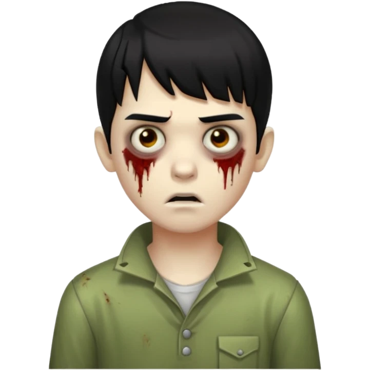 Zumbi garoto de cabelo preto liso no pescoço, com franja lisa na sobrancelha emoji
