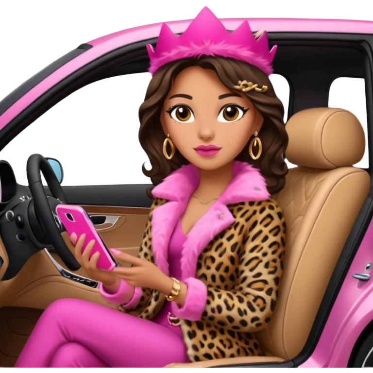 a queen Arina in a leopard fur and pink iPhone on her mercedes emoji