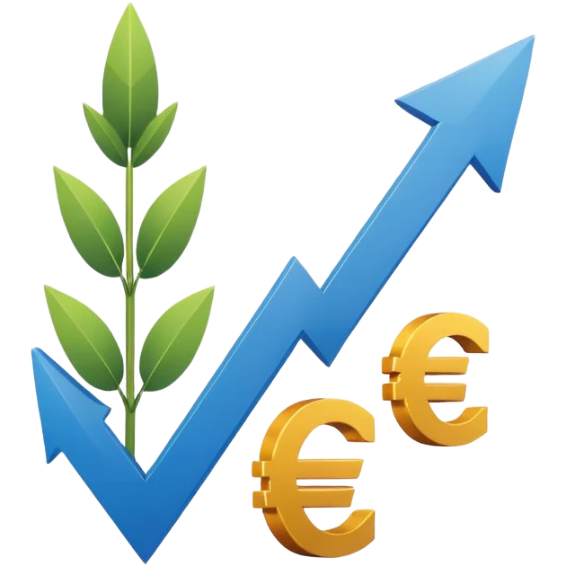 An upward trending arrow on a chart, with a euro symbol next to it, representing personal and professional growth through a training budget. Minimalist emoji look. emoji