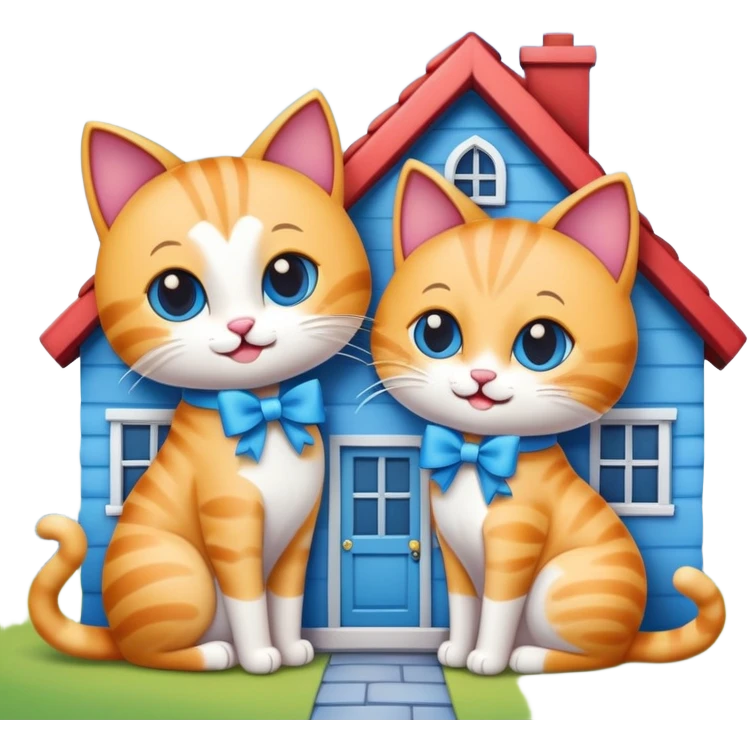 two happy cats in love, with a blue house behind them that has a bow on the roof, emoji style emoji
