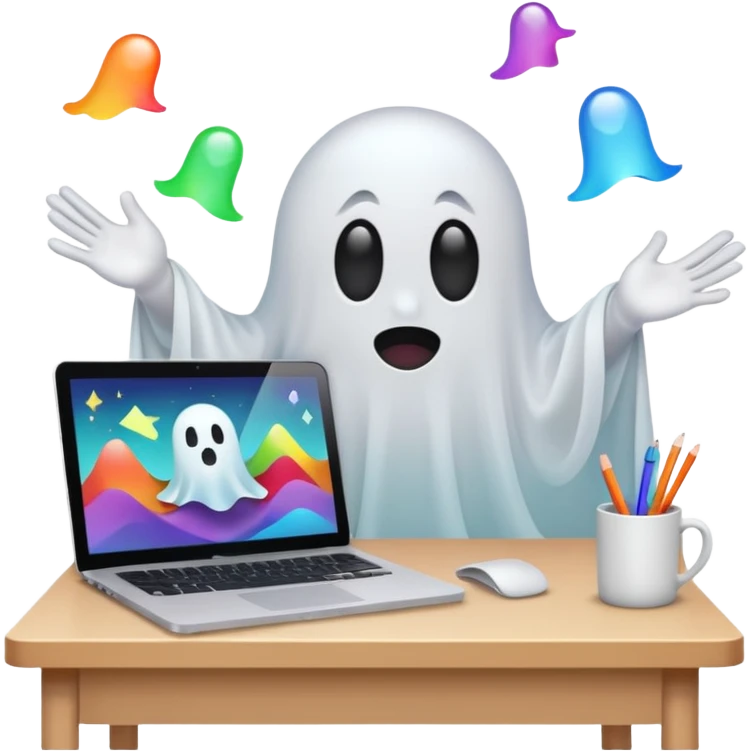 A cute ghost sits in front of a desk and is designing it with a laptop. see a laptop screen, and there is a photoshop screen on the screen. On the ghost surface, many shapes are leaving. emoji