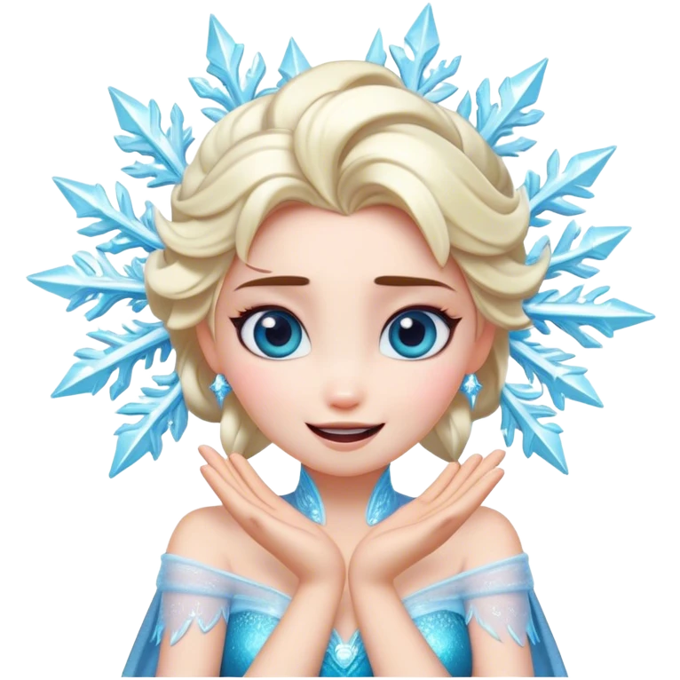 Cinematic Playful Elsa Portrait Emoji, Blowing frost from her hands in a dazzling display, eyes filled with mischief, exuding a magical charm that is both fun and enchanting! emoji