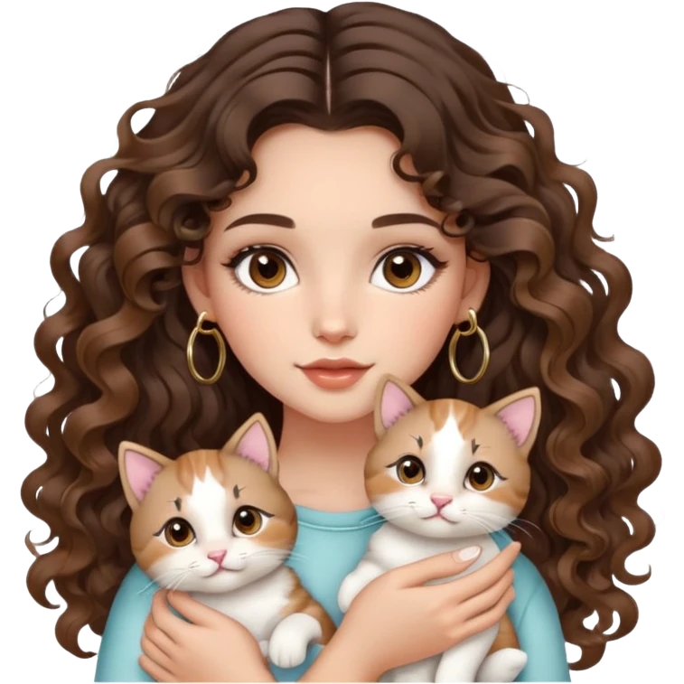 cute girl long brunette balayage curly/wavy not voluminous hair, brown eyes, hoop earrings, natural pretty clean makeup: holding kitties emoji