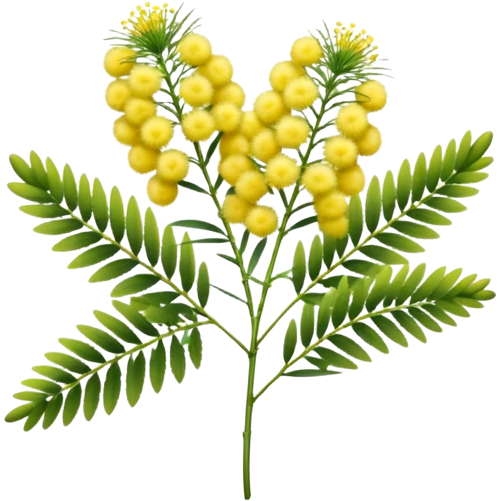 cluster of mimosa flowers, fluffy round yellow blossoms with filament-like petals, on slender green stems with feathery leaves, vibrant soft early spring look, apple emoji style, soft lighting, transparent background, emoji scale emoji