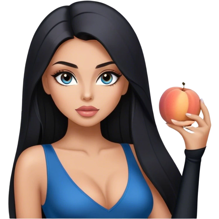 Glamours, tanned, very beautiful girl, with big pump peach-beige-rose lips, long lashes, black straight smooth silky long hair, straight parting hair, blue-grey eyes, in black v-neck bodysuit emoji