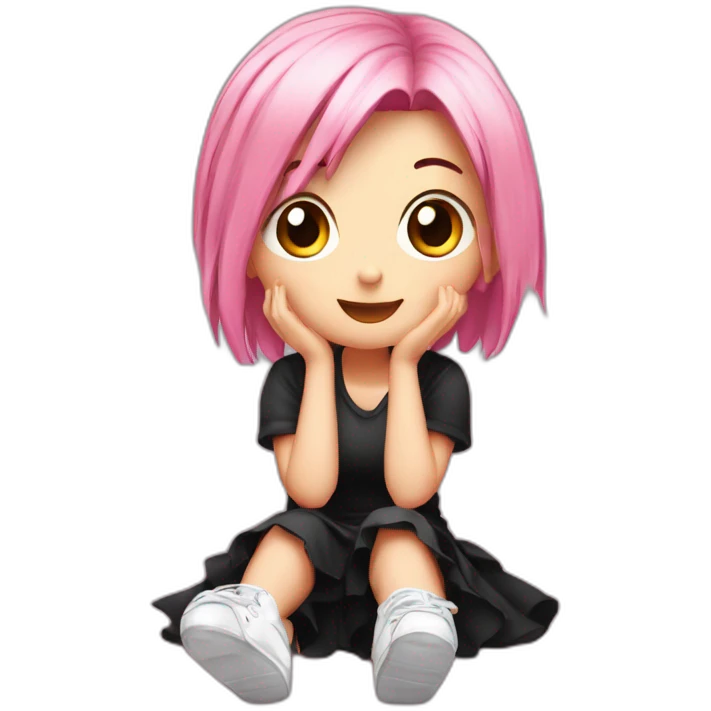 Full body Front view curvy emo girl pink hair sits on the floor straight view hands up black skirt белые трусики emoji