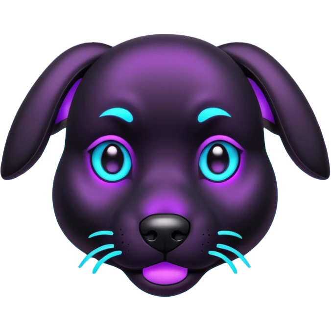futuristic glowing black dog emoji, neon cyan eyes, purple #8B5CF6 highlights, tech minimal style, dark background emoji
