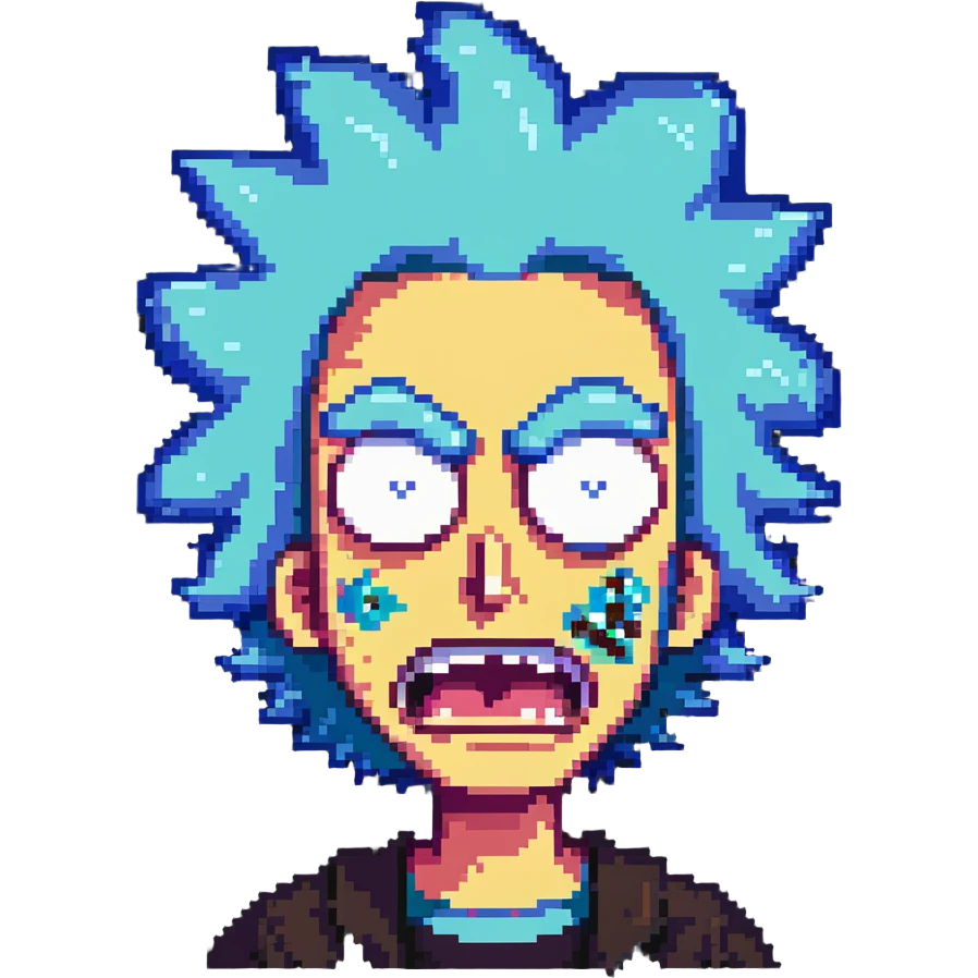Rick from Rick and Morty with angry expression, wild blue hair, furious face emoji