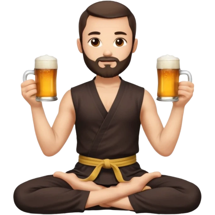 slavic guy with dark brown hair and beard, sitting in yoga pose on a mat, kung fu clothes, short dark hair, holding beer mugs in two hands, sitting emoji