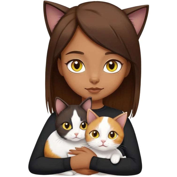 Brown straight-haired girl wearing black top with a pure white cat with yellow eyes and a calico cat emoji