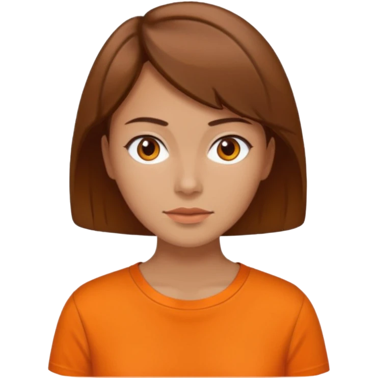 brown haired woman no smile with orange shirt short hair emoji