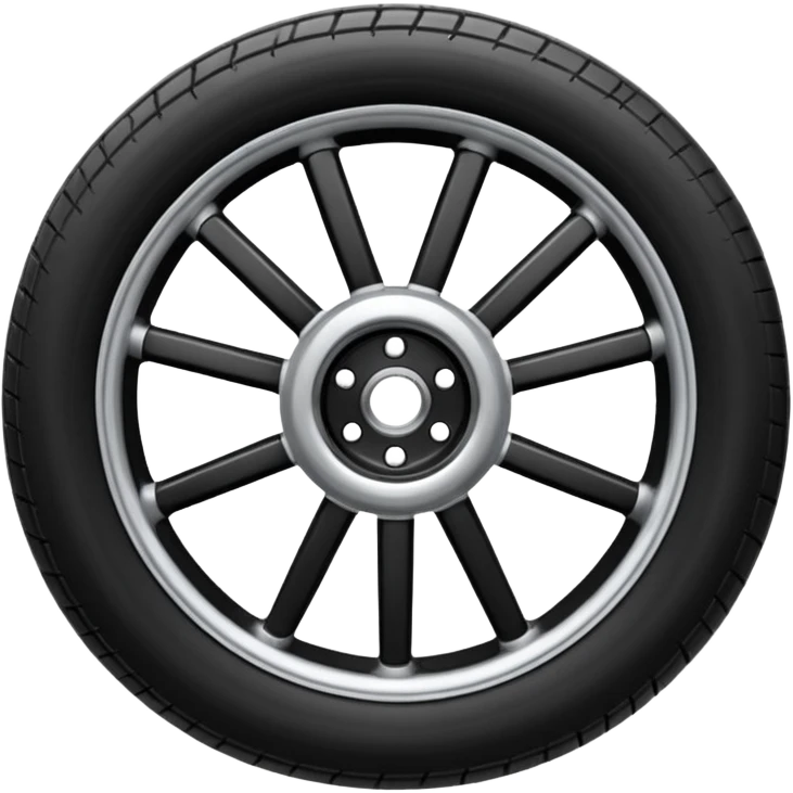 Front-view realistic wheel, perfectly symmetrical, short evenly spaced spokes, thick wide outer rubber rim, heavy solid look, clean design, centered. emoji