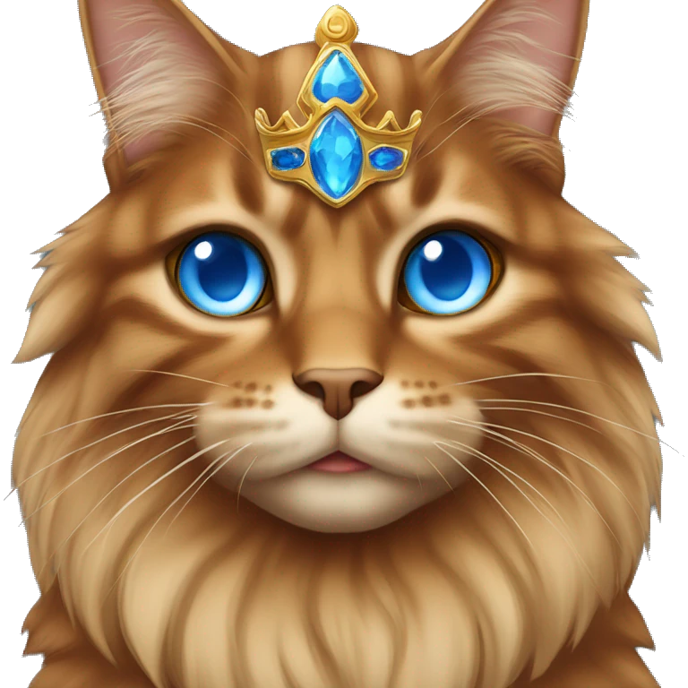 Brown and orange main coon cat with blue eyes in a crown emoji