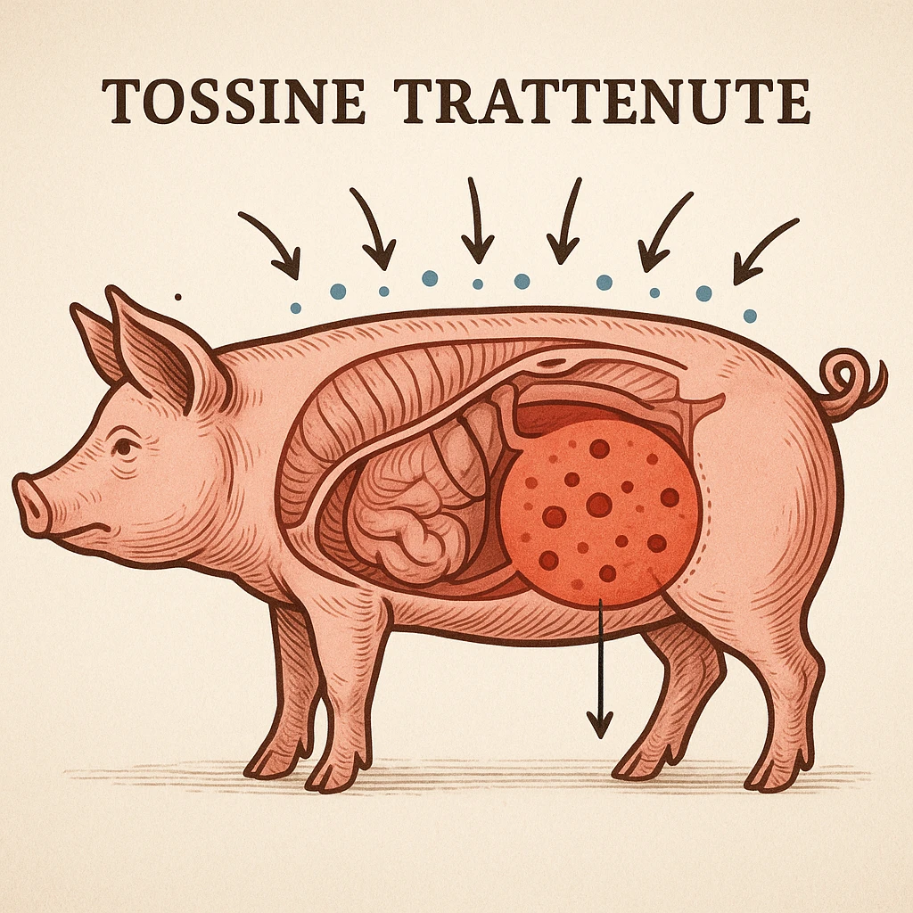 educational scene with anatomical diagram of a pig, arrows showing no toxin release through skin, highlighted accumulation of harmful substances, Italian text: 'Tossine trattenute', 4K quality emoji