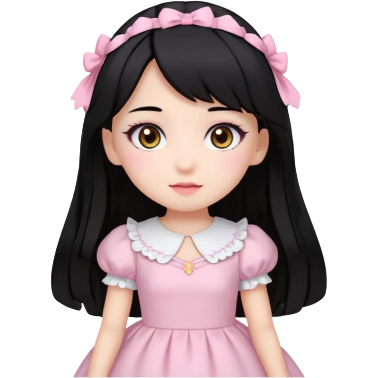 pale girl with medium length black hair, brown eyes, doll-like hime makeup, wearing a light pink hime dress, emoji style, with a cute pose emoji