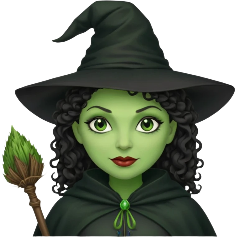 elphaba wicked witch with broom close up, evil dark curly hair, green skin, thick lips, cheekbones, smirk evil menacing cythia erivo dark aesthetic black hat cloak  emoji