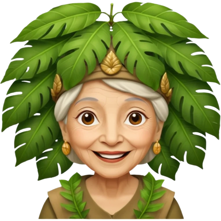 a old woman with jungle wearing a large leaf headgear bye  emoji